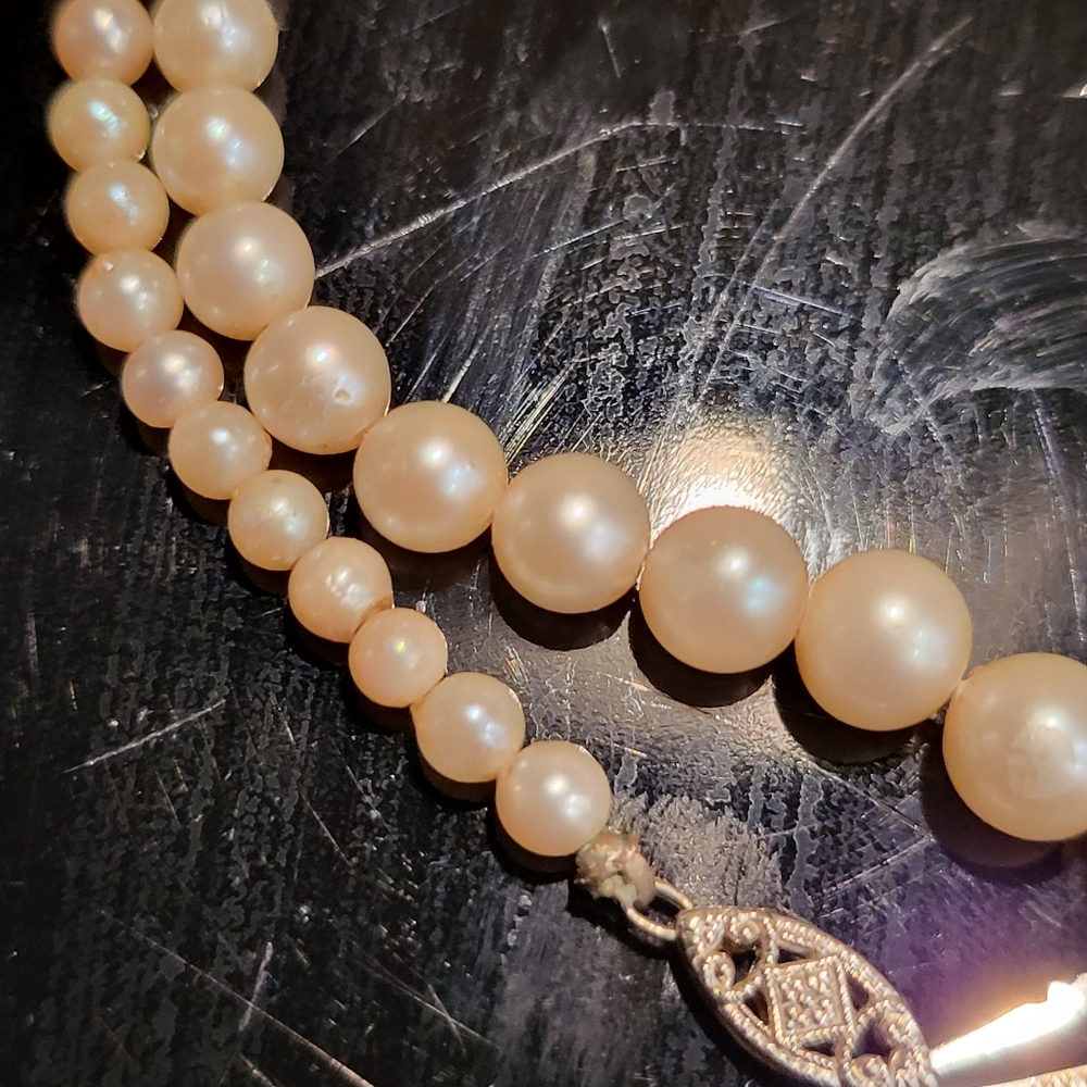 10kt White Gold Graduated Pearl Necklace 17" Vintage - Picture 9 of 14